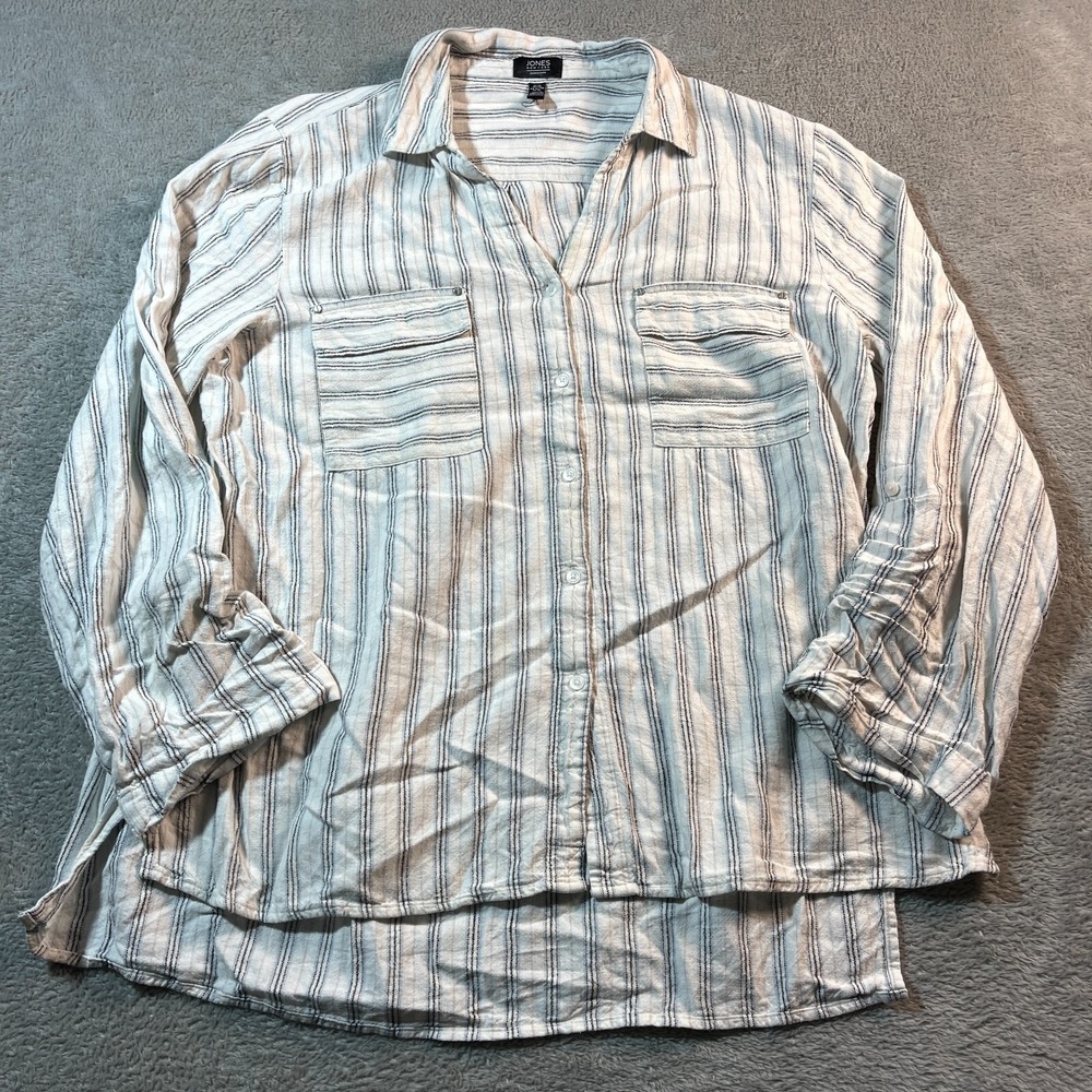 Jones New York Signature‎ Womens Button Down Top Cream Stripes Linen Blend XL